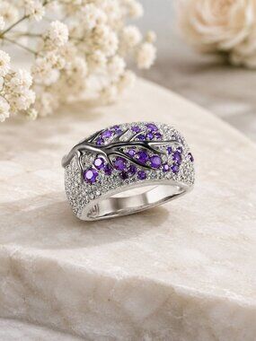 Sterling Silver Tree Branch Purple Clear CZ Statement Ring 925 SZ 10 NWT